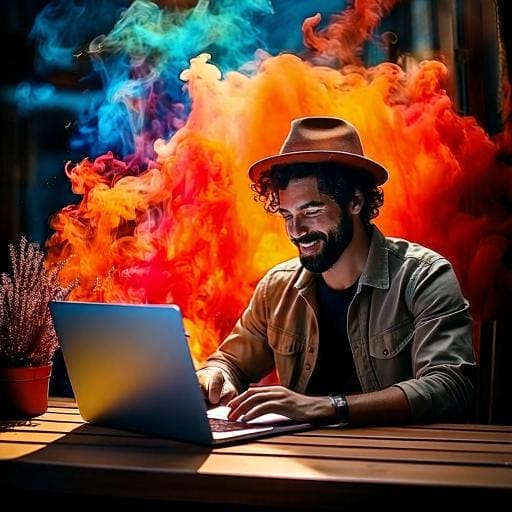 Developer sitting outdoors at a coffer shop working on his laptop with colors swirling