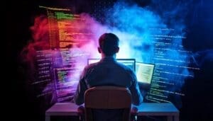 developer writing code at his laptop with code surrounding him in multicolored smoke