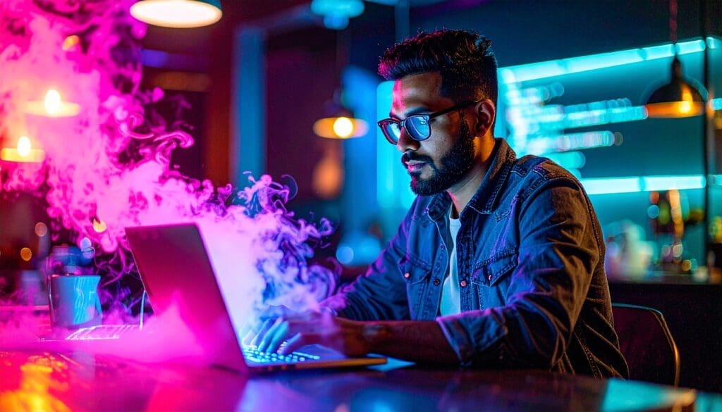 Developer working with styles at a coffeehouse with code swirling around him