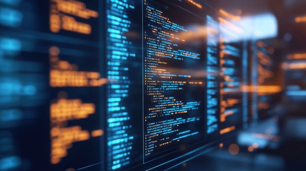 Digital interface displaying code aligned with golden ratio in a dark futuristic room with glowing screens at a tech hub