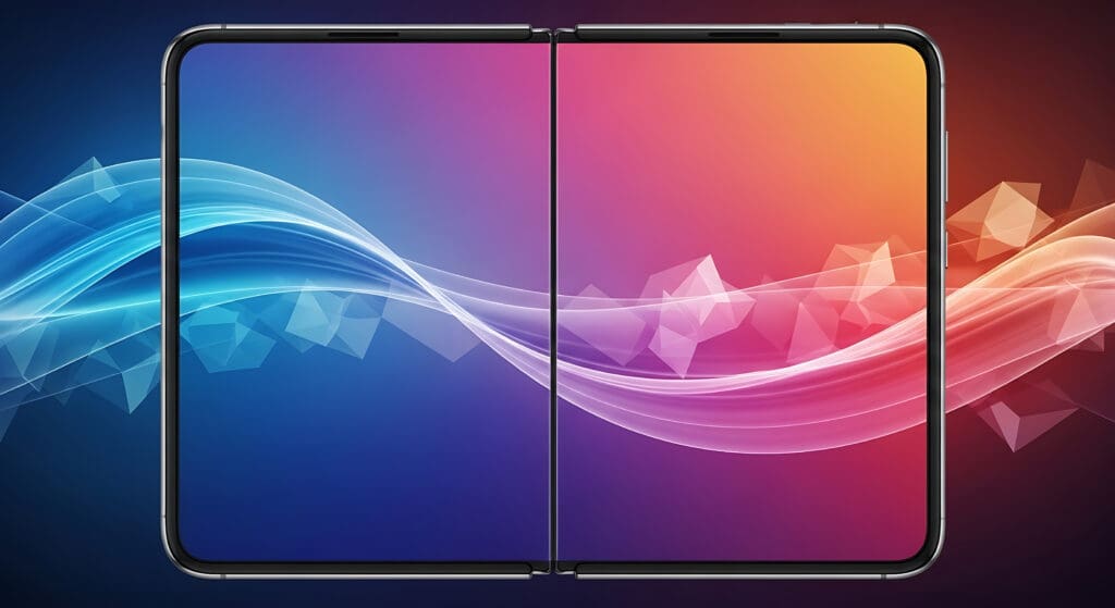 Foldable smartphone displaying vibrant abstract waves and geometric shapes on its dual screens, showcasing modern technology and innovation.