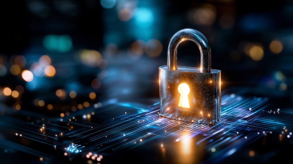 Secure digital agreement interface with glowing padlock, abstract data flow visualization, defocused circuit patterns, network protection concept, encryption technology, privacy