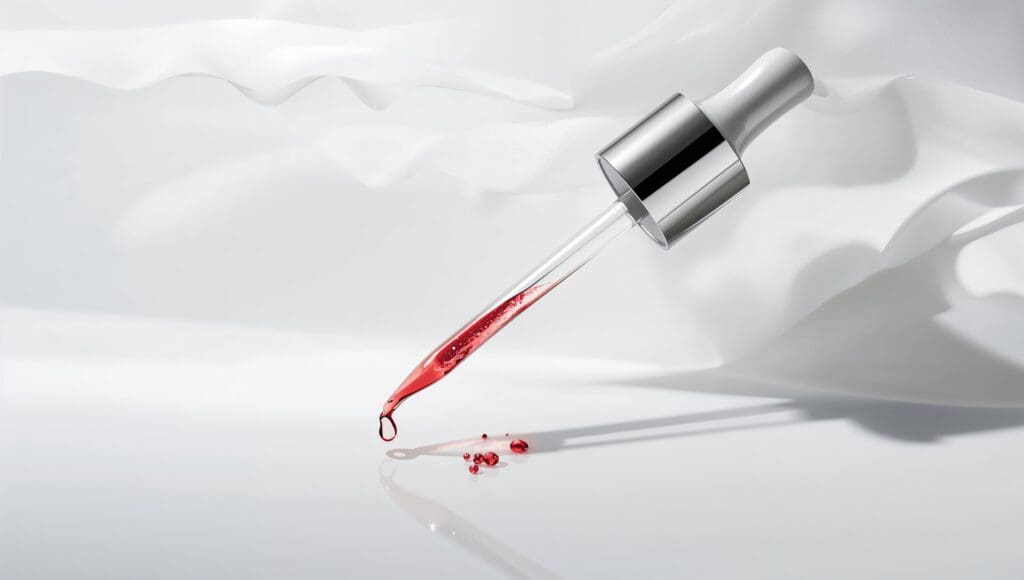 eyedropper dispensing essence on a white background, emphasizing precision application and product safety
