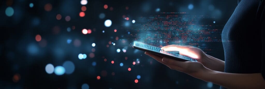 A person typing on a glowing tablet with orange and yellow data streams. This image conveys the creative and dynamic nature of coding in the modern digital world